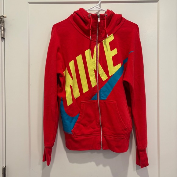 Nike Other - VTG Nike Sportswear Mens Red Full Zip Hoodie Yellow Graphic Blue Swoosh Size‎ M